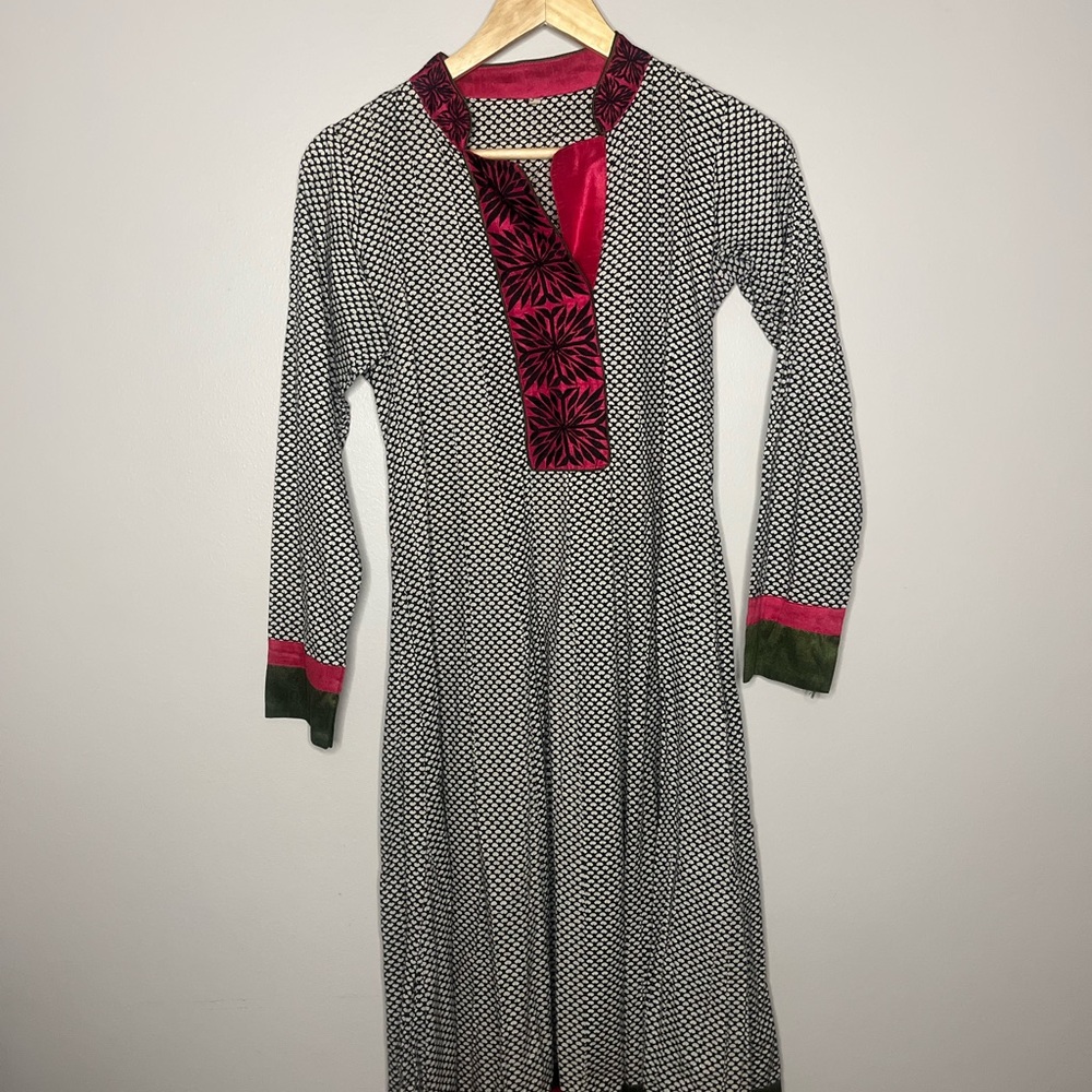 Pink and Green Ruched Long Sleeve Dress with Mandarin Collar